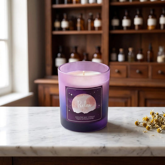 Duftkerze Relax im Glas von Song of India: Sojawachskerze im violetten Glas auf Marmortheke vor Apothekerschrank, daneben Kamillenblüten – Spirit of Gaia