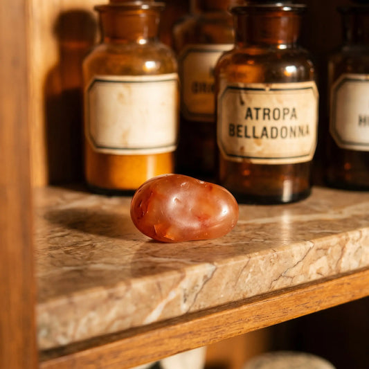 Karneol Trommelstein – warm orange-roter Heilstein auf antiker Apotheker-Marmorablage