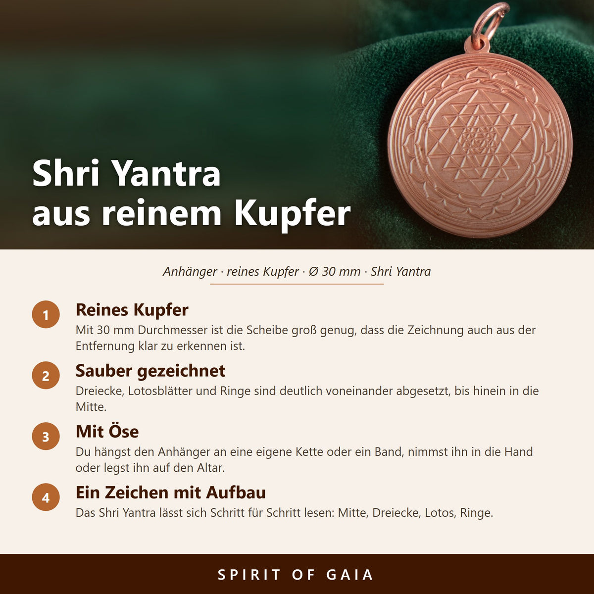 Übersicht zum Shri Yantra aus reinem Kupfer: Durchmesser 30 mm, Öse, ohne Kette