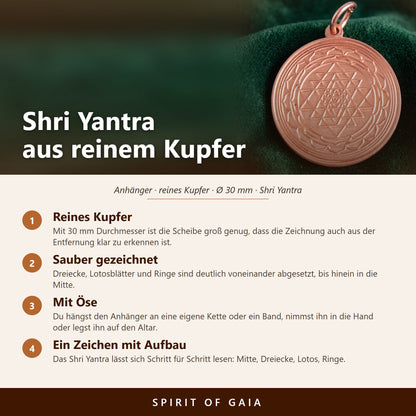 Übersicht zum Shri Yantra aus reinem Kupfer: Durchmesser 30 mm, Öse, ohne Kette