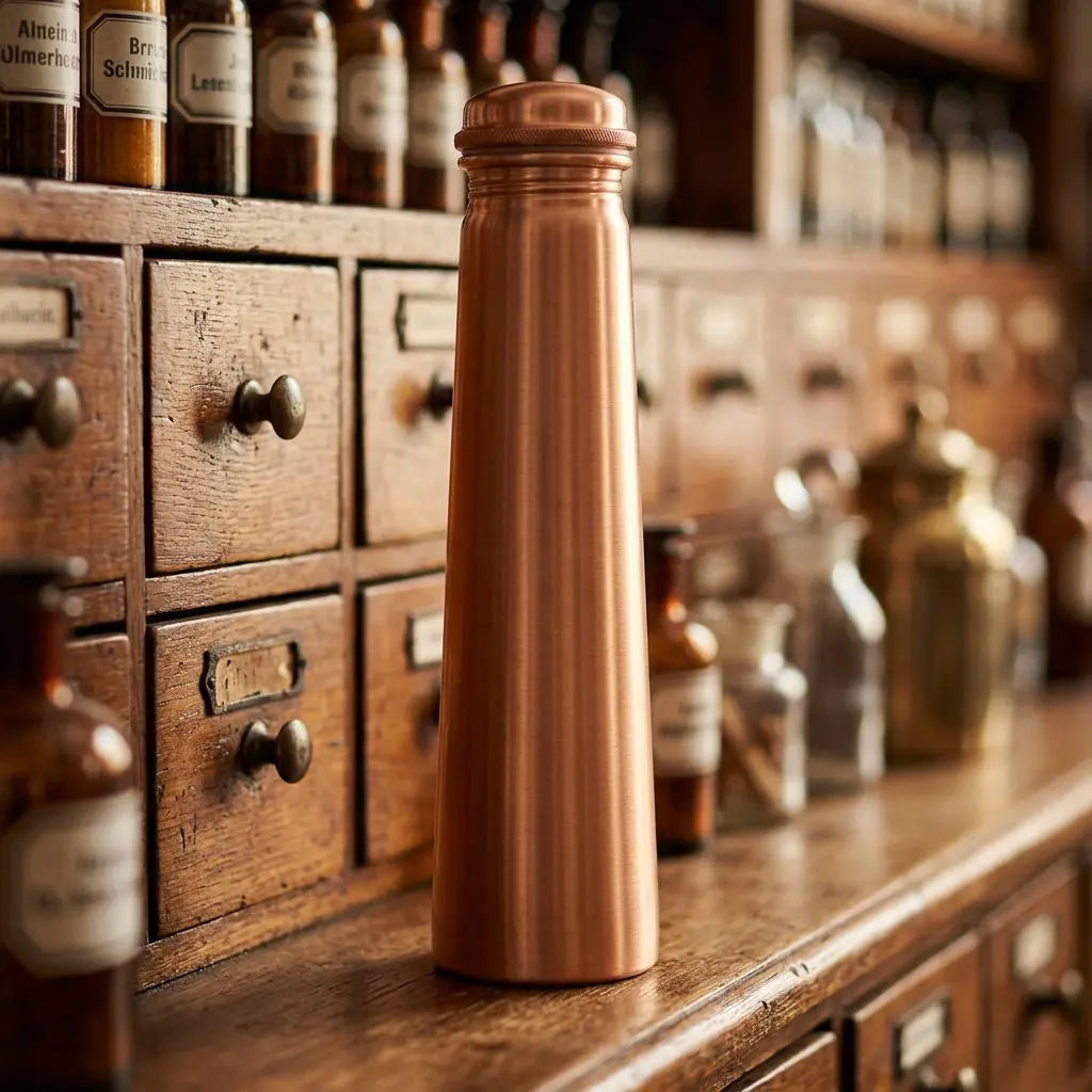 Matte Kupfer-Trinkflasche in Turmform aus seitlichem Blickwinkel auf Apothekertheke