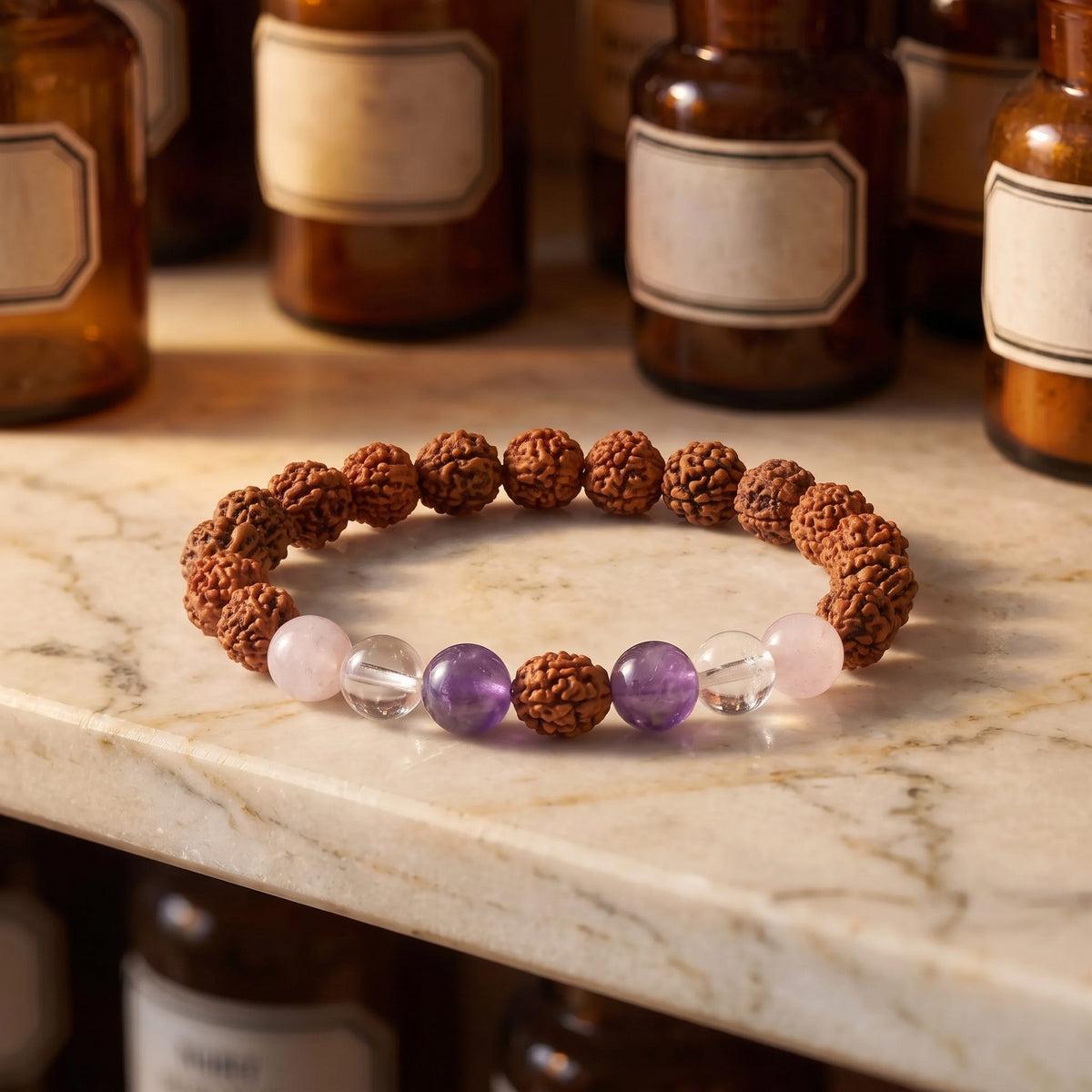 Rudraksha Armband mit Amethyst, Bergkristall und Rosenquarz von Berk auf einer Marmortheke vor braunen Glasflaschen