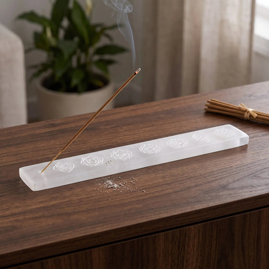Selenit Stäbchenhalter mit Chakras in Benutzung mit feinem Rauch auf einem dunklen Holz-Sideboard am Abend
