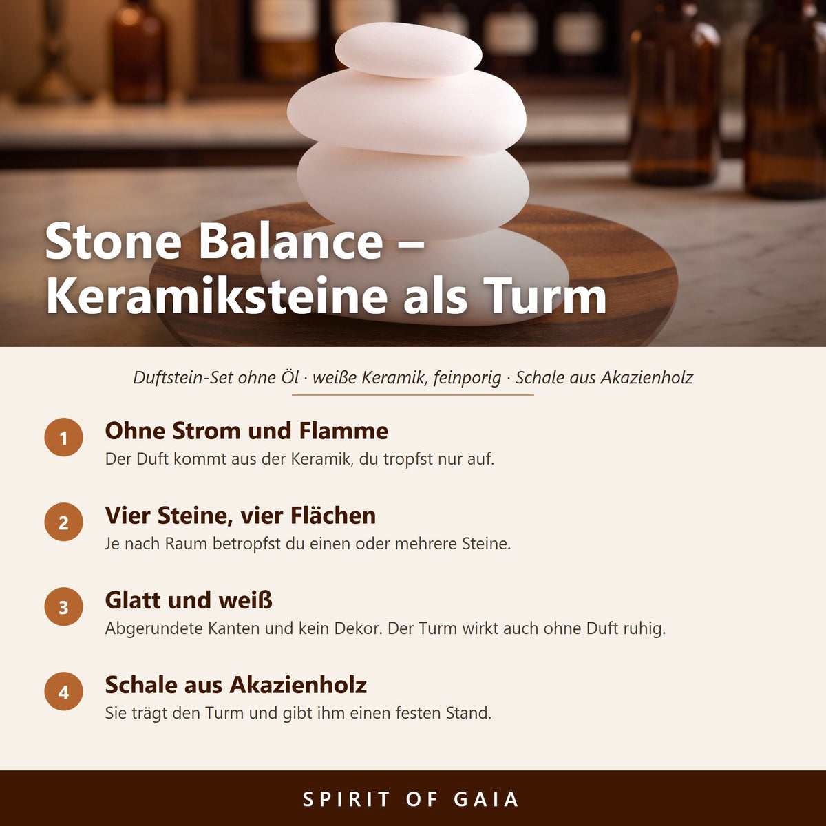 Übersicht zu Duftstein Set Stone Balance: Ohne Strom und Flamme, Vier Steine, vier Flächen, Glatt und weiß, Schale aus Akazienholz