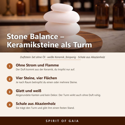 Übersicht zu Duftstein Set Stone Balance: Ohne Strom und Flamme, Vier Steine, vier Flächen, Glatt und weiß, Schale aus Akazienholz