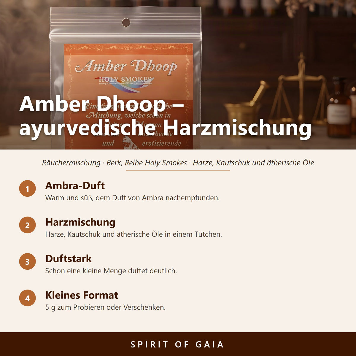 Übersicht zu Amber Dhoop 5 g: Ambra-Duft, Harzmischung, Duftstark, Kleines Format