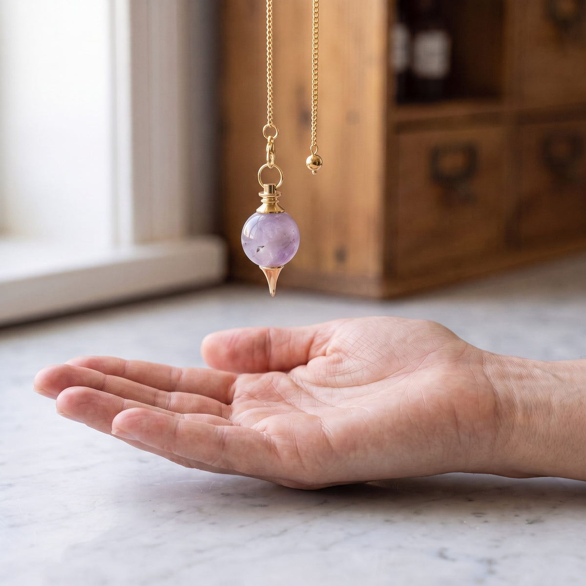 Das Amethyst-Pendel hängt ruhig an seiner Kette über einer offenen Handfläche