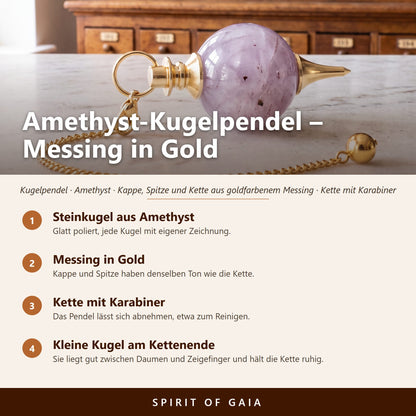 Übersicht zum Amethyst-Kugelpendel: Steinkugel aus Amethyst, Messing in Gold, Kette mit Karabiner, kleine Kugel am Kettenende