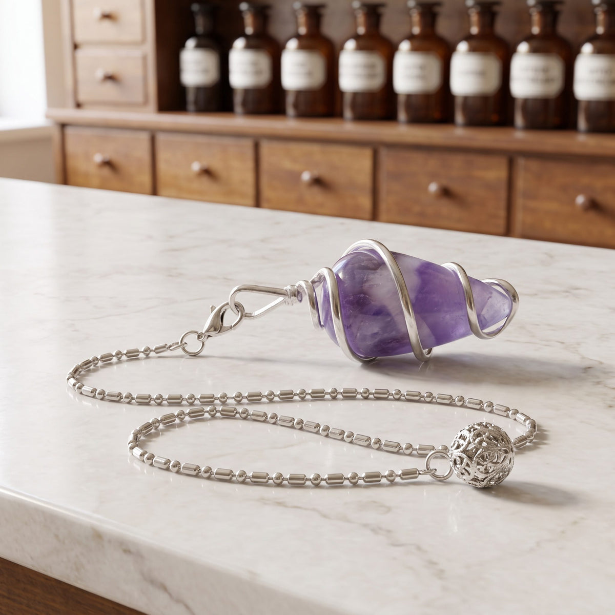 Amethyst-Spiralpendel von Berk liegt auf der Marmortheke einer hellen Apotheke, die silberfarbene Kette mit Filigrankugel locker daneben