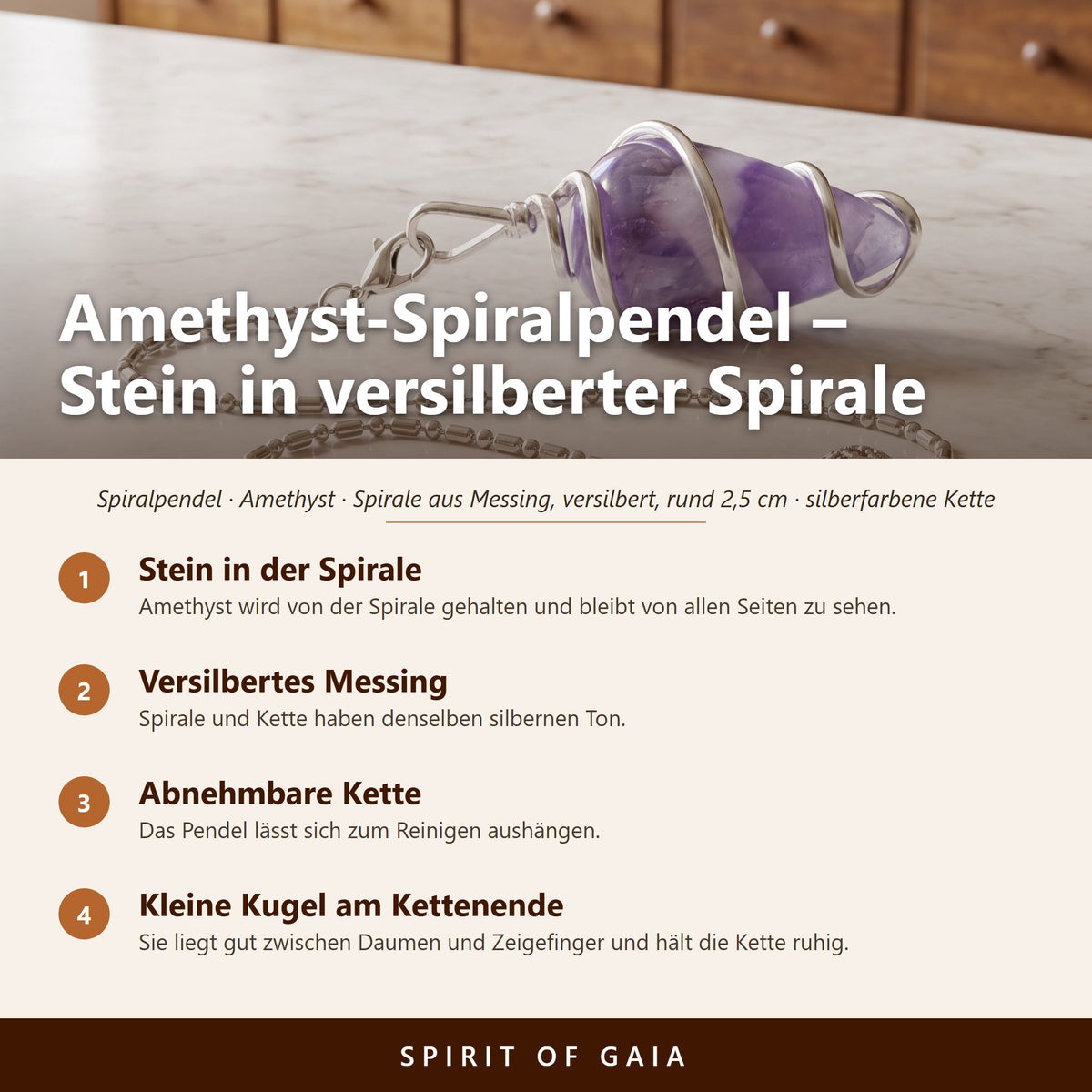 Übersicht zum Amethyst-Spiralpendel: Stein in der Spirale, Versilbertes Messing, Abnehmbare Kette, Kleine Kugel am Kettenende
