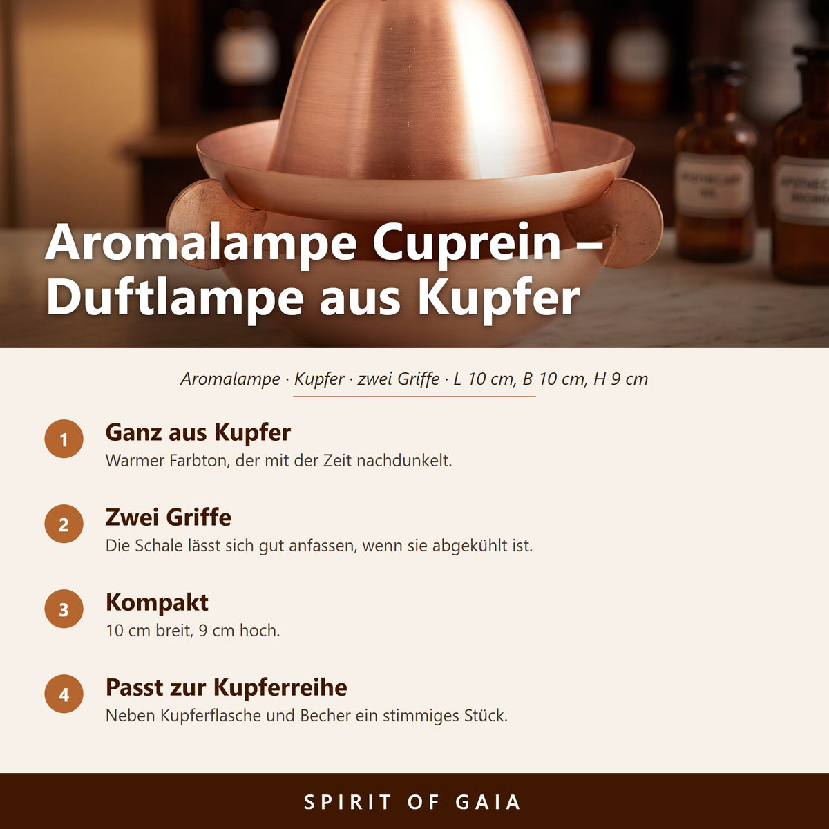 Übersicht zu Aromalampe Cuprein aus Kupfer: Ganz aus Kupfer, Zwei Griffe, Kompakt, Passt zur Kupferreihe