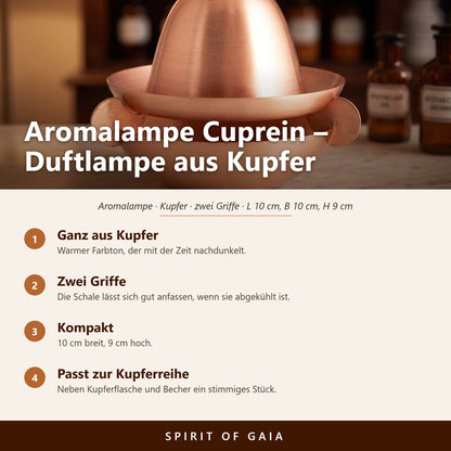 Übersicht zu Aromalampe Cuprein aus Kupfer: Ganz aus Kupfer, Zwei Griffe, Kompakt, Passt zur Kupferreihe
