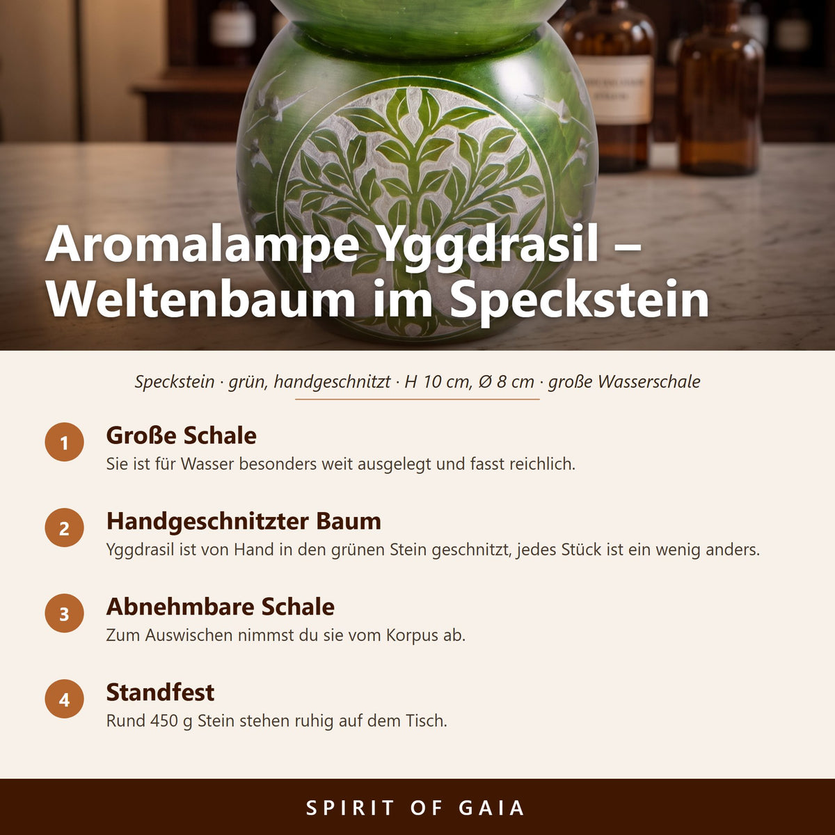 Übersicht zu Aromalampe Kugel Yggdrasil: Große Schale, Handgeschnitzter Baum, Abnehmbare Schale, Standfest