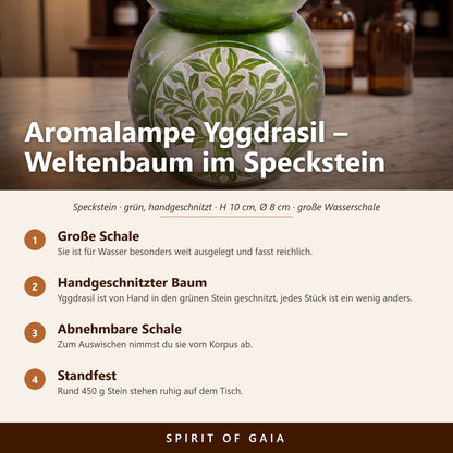 Übersicht zu Aromalampe Kugel Yggdrasil: Große Schale, Handgeschnitzter Baum, Abnehmbare Schale, Standfest
