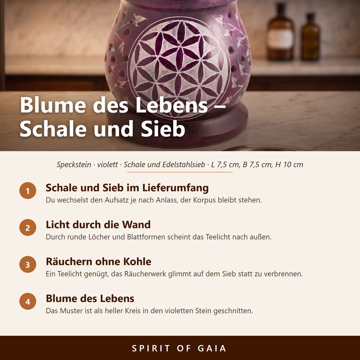 Übersicht zu Aromalampe & Siebgefäß Blume des Lebens: Schale und Sieb im Lieferumfang, Licht durch die Wand, Räuchern ohne Kohle, Blume des Lebens
