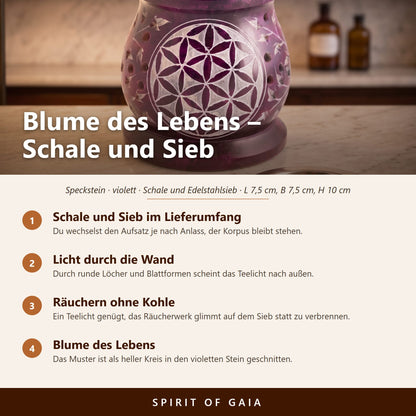 Übersicht zu Aromalampe & Siebgefäß Blume des Lebens: Schale und Sieb im Lieferumfang, Licht durch die Wand, Räuchern ohne Kohle, Blume des Lebens