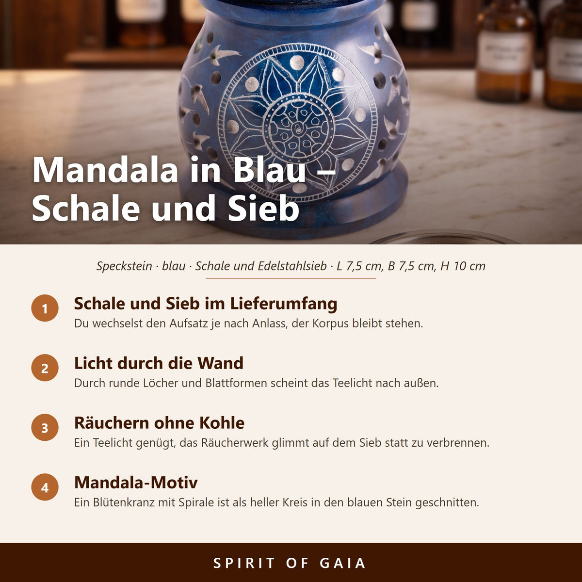 Übersicht zu Aromalampe & Siebgefäß Mandala: Schale und Sieb im Lieferumfang, Licht durch die Wand, Räuchern ohne Kohle, Mandala-Motiv