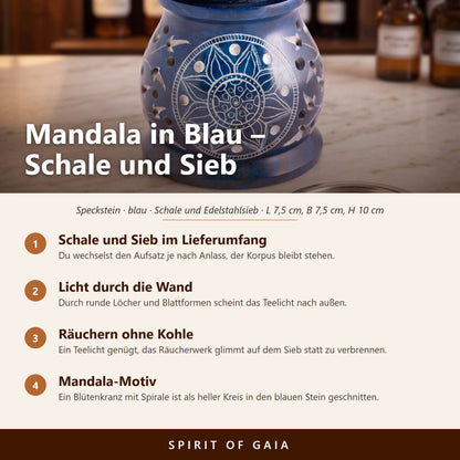 Übersicht zu Aromalampe & Siebgefäß Mandala: Schale und Sieb im Lieferumfang, Licht durch die Wand, Räuchern ohne Kohle, Mandala-Motiv