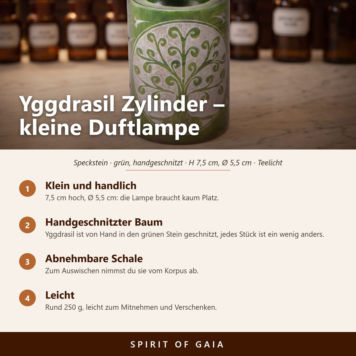 Übersicht zu Aromalampe Zylinder Yggdrasil: Klein und handlich, Handgeschnitzter Baum, Abnehmbare Schale, Leicht