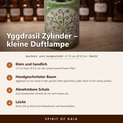 Übersicht zu Aromalampe Zylinder Yggdrasil: Klein und handlich, Handgeschnitzter Baum, Abnehmbare Schale, Leicht
