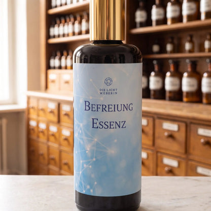 Etikett des Aura Sprays Befreiung aus der Nähe: Dodekaeder-Zeichen, Schriftzug Die Lichtweberin, hellblaues Liniennetz