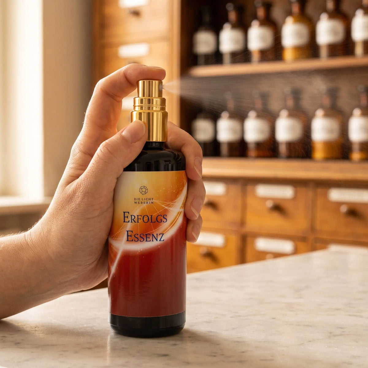 Hand sprüht einen feinen Nebel aus dem Aura Spray Erfolg in den Raum