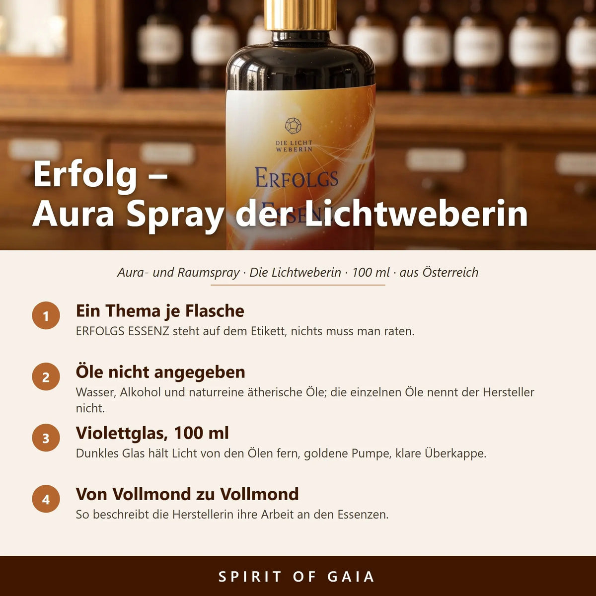 Übersicht zum Aura Spray Erfolg: Thema, Violettglas, Füllmenge 100 ml und Herstellung in Österreich