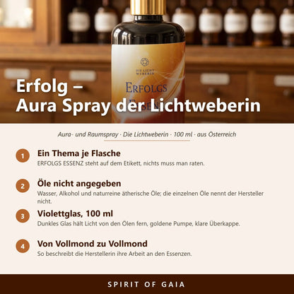 Übersicht zum Aura Spray Erfolg: Thema, Violettglas, Füllmenge 100 ml und Herstellung in Österreich