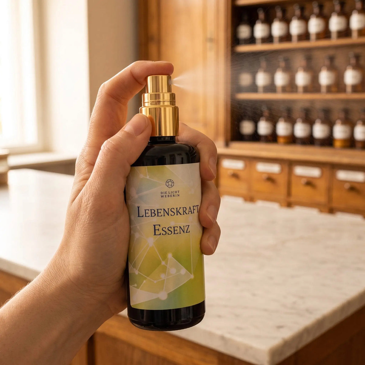 Hand sprüht einen feinen Nebel aus dem Aura Spray Lebenskraft in den Raum