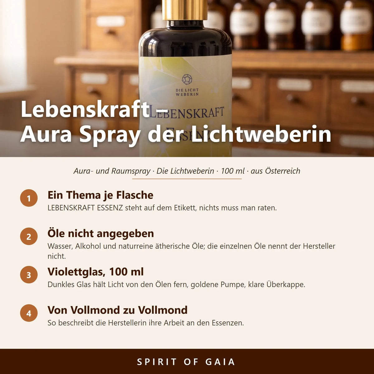 Übersicht zum Aura Spray Lebenskraft: Thema, Violettglas, Füllmenge 100 ml und Herstellung in Österreich