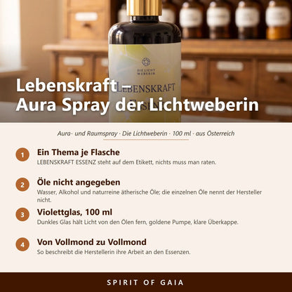 Übersicht zum Aura Spray Lebenskraft: Thema, Violettglas, Füllmenge 100 ml und Herstellung in Österreich