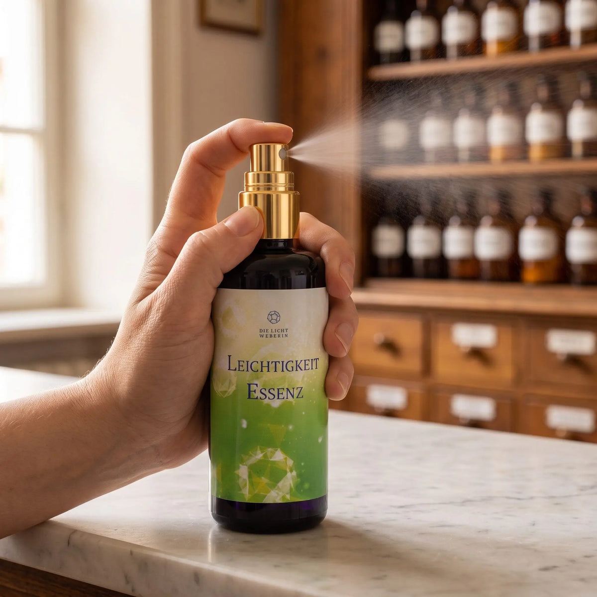 Hand sprüht einen feinen Nebel aus dem Aura Spray Leichtigkeit in den Raum
