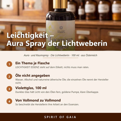 Übersicht zum Aura Spray Leichtigkeit: Thema, Violettglas, Füllmenge 100 ml und Herstellung in Österreich