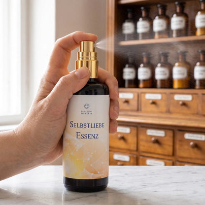Hand sprüht einen feinen Nebel aus dem Aura Spray Selbstliebe in den Raum