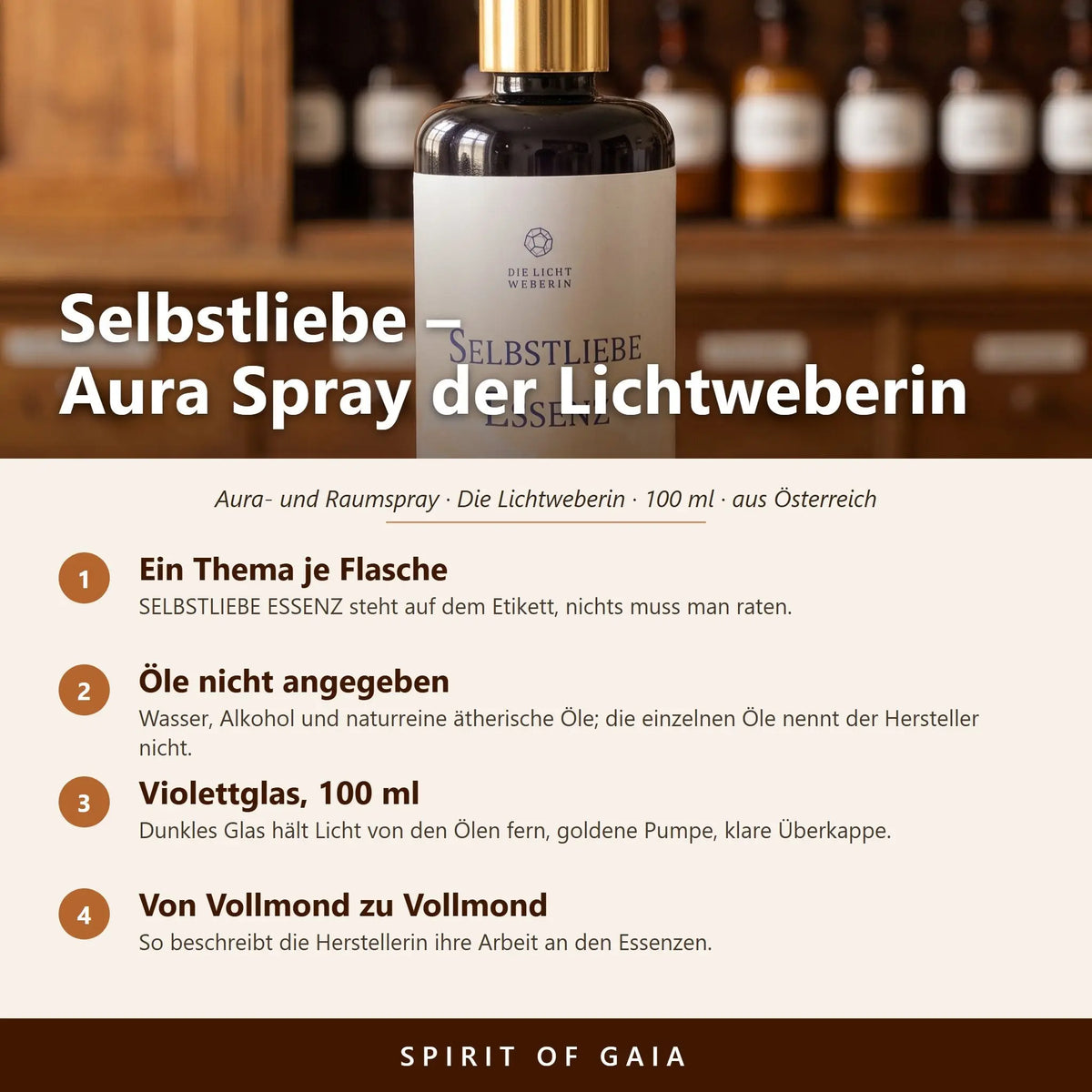 Übersicht zum Aura Spray Selbstliebe: Thema, Violettglas, Füllmenge 100 ml und Herstellung in Österreich