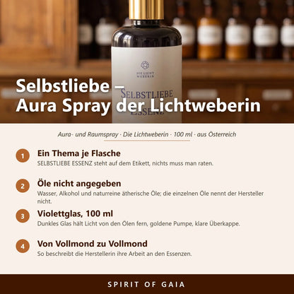 Übersicht zum Aura Spray Selbstliebe: Thema, Violettglas, Füllmenge 100 ml und Herstellung in Österreich