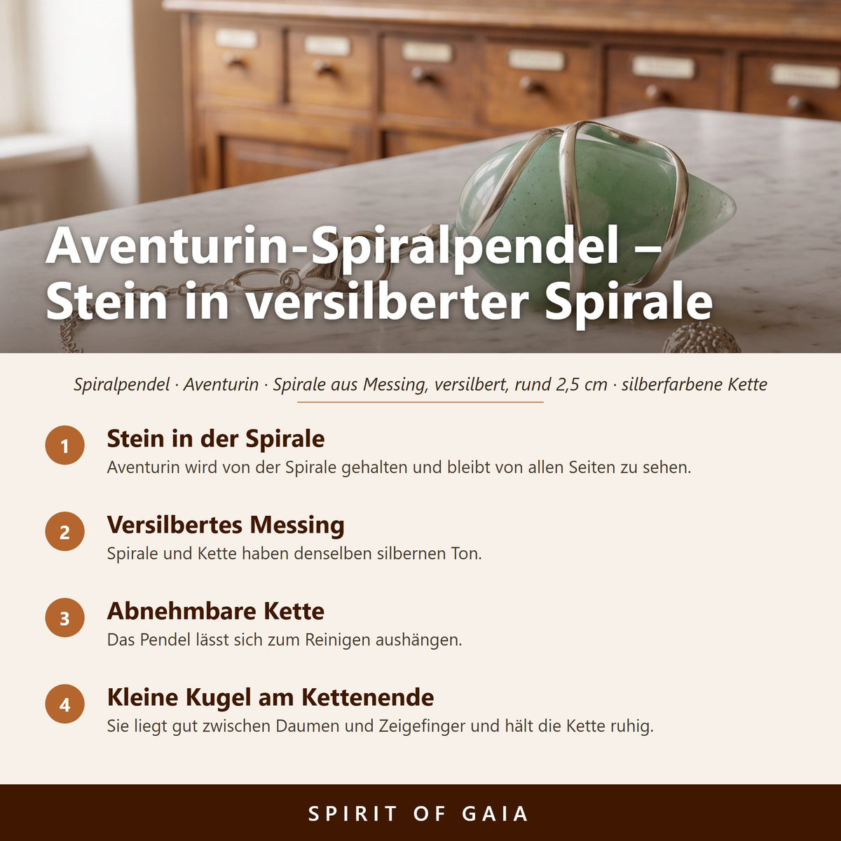 Übersicht zum Aventurin-Spiralpendel: Stein in der Spirale, Versilbertes Messing, Abnehmbare Kette, Kleine Kugel am Kettenende