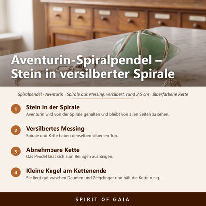 Übersicht zum Aventurin-Spiralpendel: Stein in der Spirale, Versilbertes Messing, Abnehmbare Kette, Kleine Kugel am Kettenende