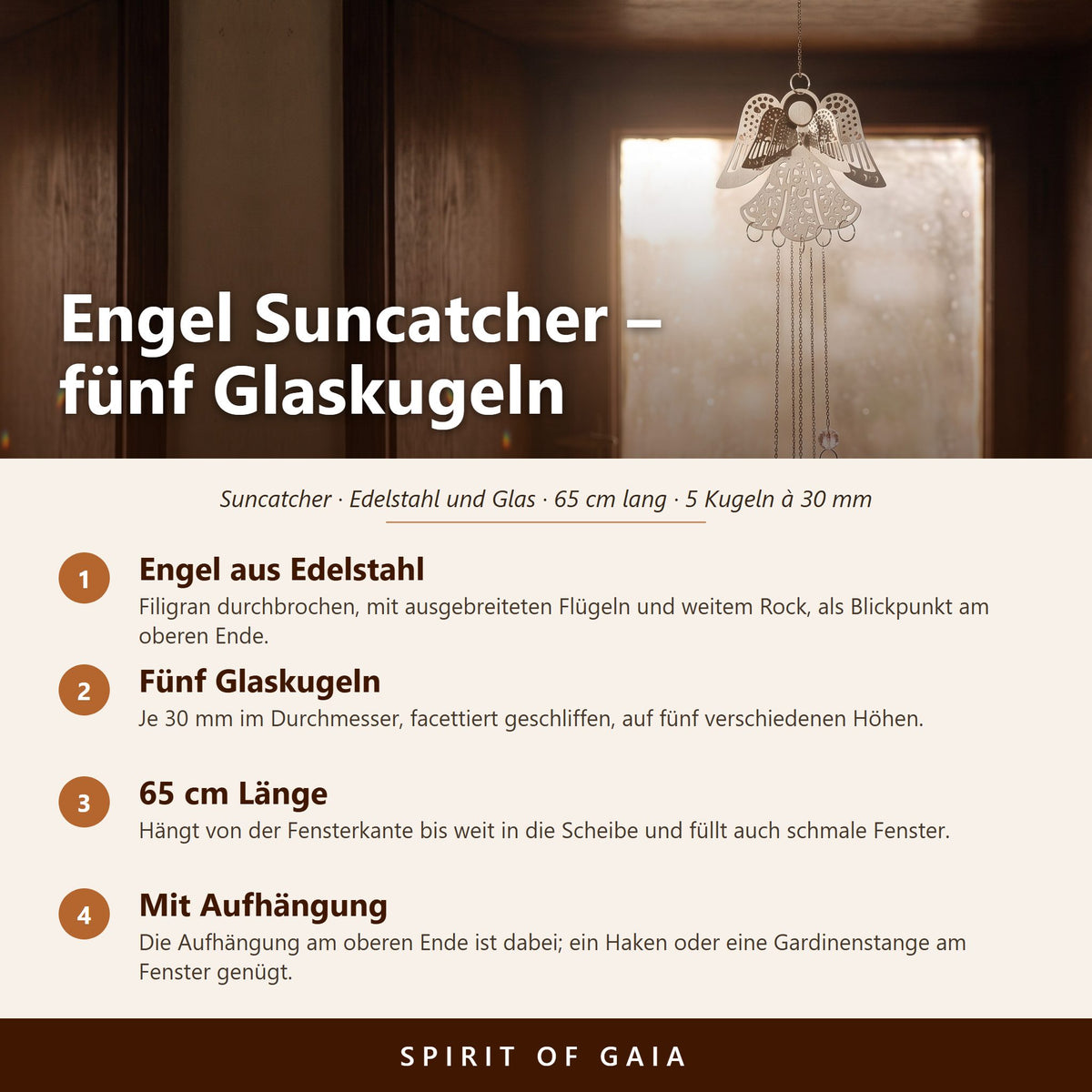 Übersicht zum Engel Suncatcher: Engel aus Edelstahl, fünf Glaskugeln à 30 mm, 65 cm lang