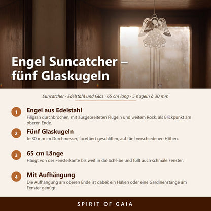 Übersicht zum Engel Suncatcher: Engel aus Edelstahl, fünf Glaskugeln à 30 mm, 65 cm lang