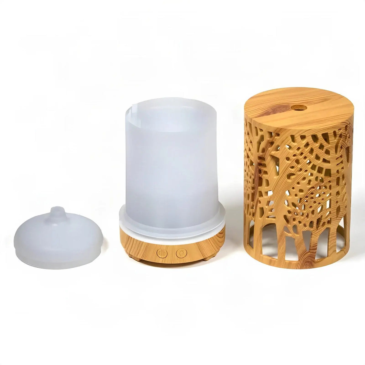 Aroma Diffuser Zen Forest geöffnet: Sockel mit Wassertank, Innendeckel und abgenommene Hülle mit Baum-Motiv