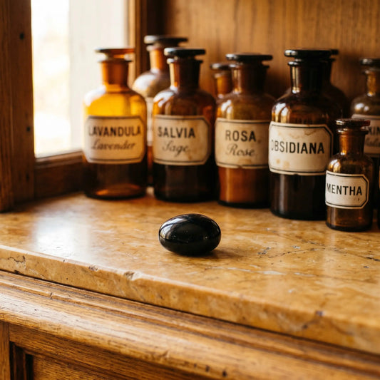 Obsidian Trommelstein – glänzend schwarzer Schutzstein im Apothekerschrank mit Apothekergläsern