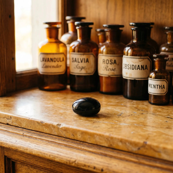 Obsidian Trommelstein – glänzend schwarzer Schutzstein im Apothekerschrank mit Apothekergläsern