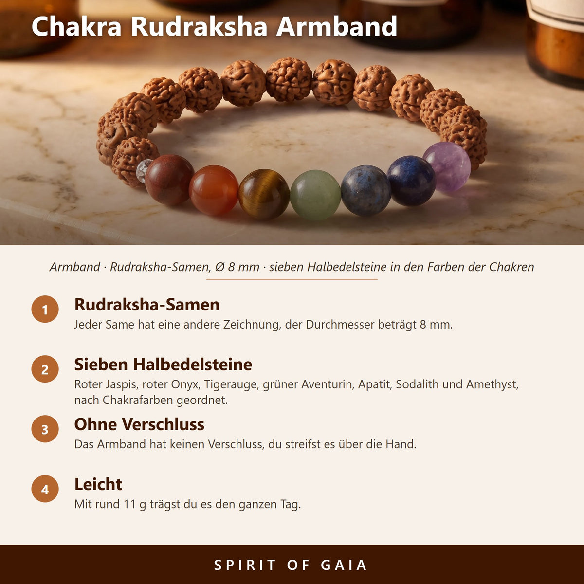 Übersicht zum Chakra Rudraksha Armband: Rudraksha-Samen, sieben Halbedelsteine, ohne Verschluss, leicht