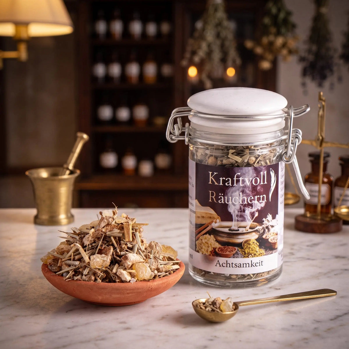 Achtsamkeit, Räuchermischung der Reihe Kraftvoll Räuchern von Berk, 60 ml im Bügelglas: Glas auf der Marmortheke einer alten Apotheke am Abend, davor eine Terracottaschale mit der losen Mischung und ein Messinglöffel – Spirit of Gaia