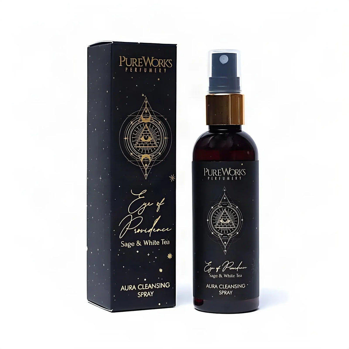 Aura-Spray Eye of Providence (Salbei & weißer Tee), Sprühflasche und Schachtel, freigestellt auf Weiß