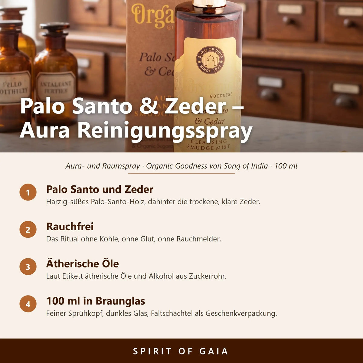 Übersicht zum Aura Reinigungsspray Palo Santo und Zeder: Duft, rauchfreie Anwendung, ätherische Öle und Füllmenge 100 ml