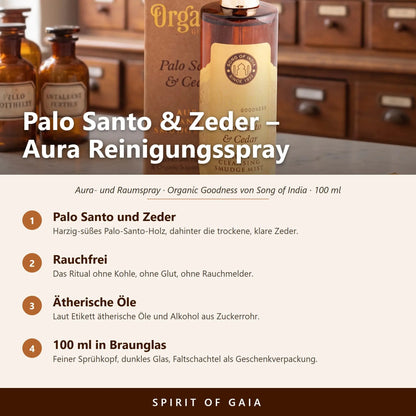 Übersicht zum Aura Reinigungsspray Palo Santo und Zeder: Duft, rauchfreie Anwendung, ätherische Öle und Füllmenge 100 ml