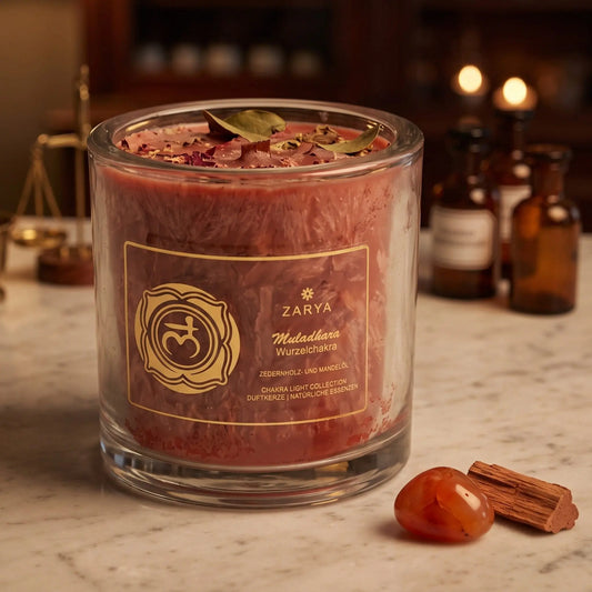 Chakra-Kerze Wurzelchakra Muladhara mit Karneol, Duft Zedernholz und Mandel: Kerze im Glas auf der Marmortheke einer alten Apotheke am Abend, daneben ein Karneol und ein Stück Zedernholz – Spirit of Gaia