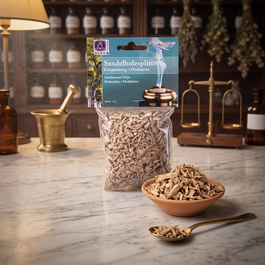 Sandelholzsplitter, sortenreines Räucherwerk von Berk, 25 g: Packung auf der Marmortheke einer alten Apotheke am Abend, daneben eine Terracottaschale mit Sandelholzsplittern und ein Messinglöffel – Spirit of Gaia